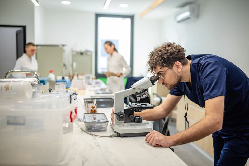 In a modern lab, a technician diligently examines samples through a microscope, demonstrating professionalism and scientific inquiry, amidst advanced lab apparatus.