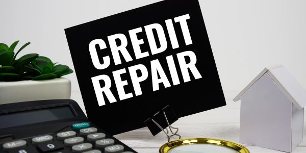 Credit repair sign with calculator and house model on desk.