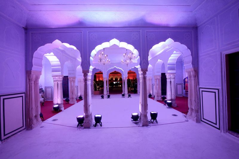 Jaipur,Rajasthan,India - Nov.,2018 : Beautiful night view of famous Vidyadhar Garden of Jaipur. The beautiful architecture of palace lightened up with beautiful lights and the sky is also visible.