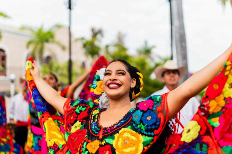 Young chiapaneca (traditional mexican dancer) dancing outdoors