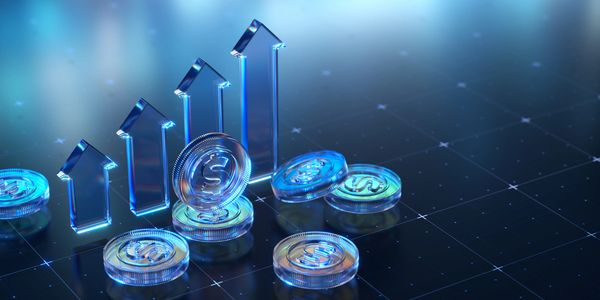 Transparent coins and upward arrows symbolizing financial growth.