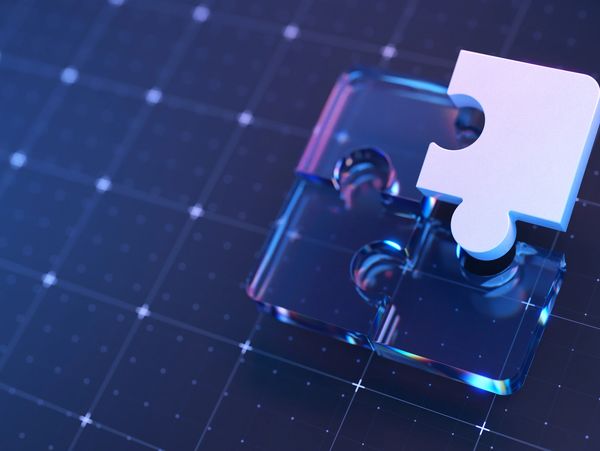 White puzzle piece fitting into clear puzzle pieces on a digital grid.