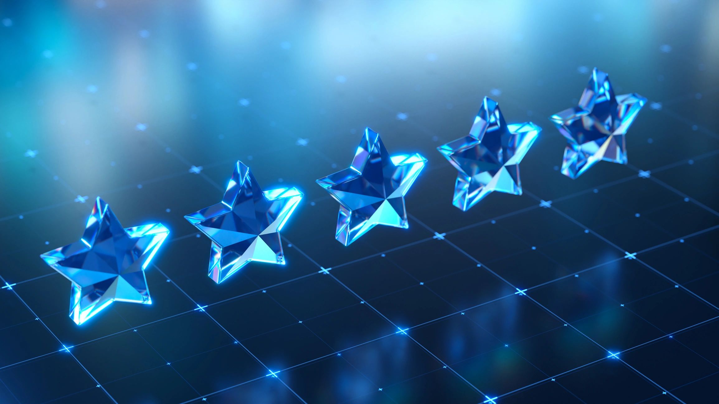 Five glowing blue crystal stars aligned on a digital grid.