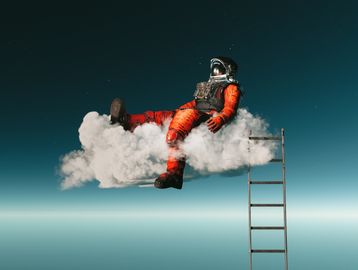 Astronaut in orange suit relaxing on a cloud next to a ladder in a surreal sky.