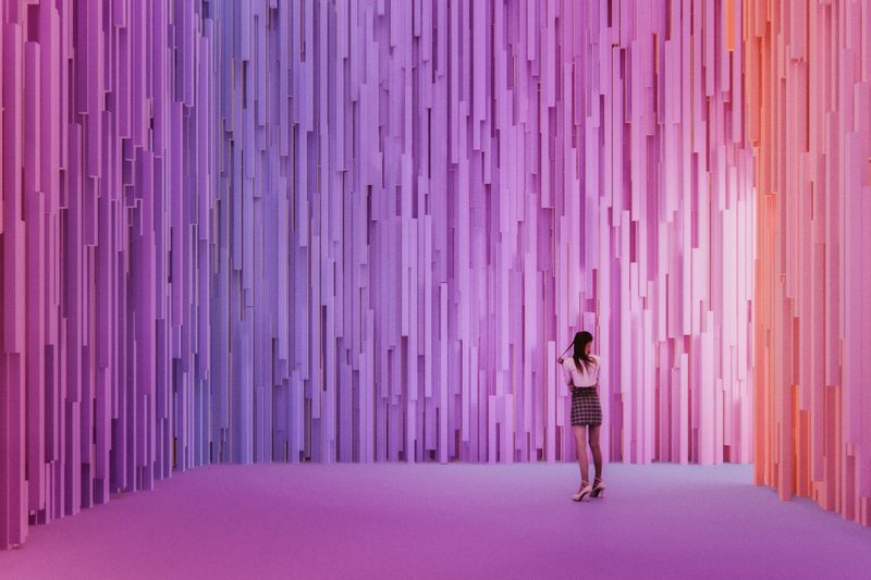 Young woman standing in abstract VR environment. 3D generated image.