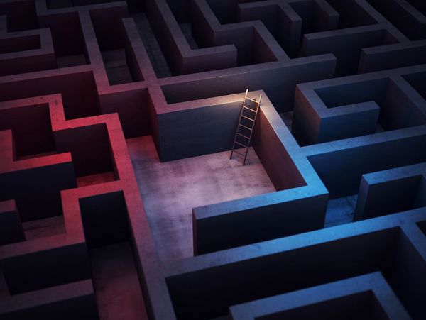 A ladder in a lit dead-end maze corner with blue and red lighting.