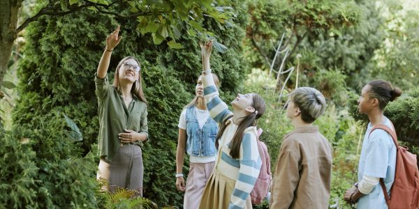 Teacher pointing at trees with children listening.