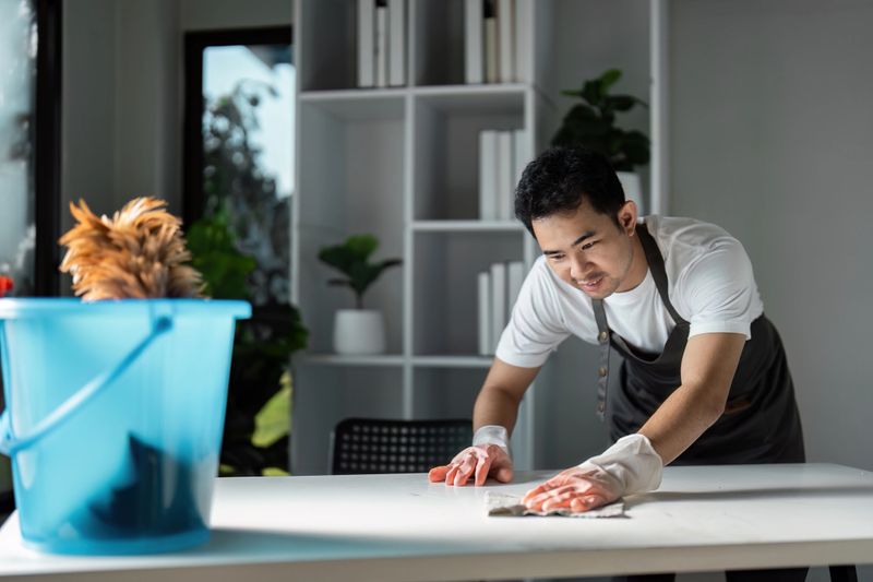 A man in an apron cleans a table in a bright, modern home, showcasing eco-friendly cleaning practices and tools.