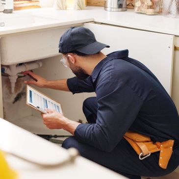 A plumber inspecting pipes under a kitchen sink with a clipboard in hand.