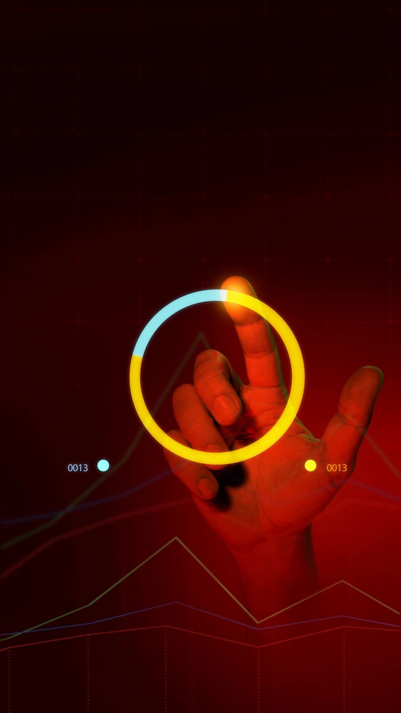 Hand interacting with glowing circular chart on red digital interface. Represents data analysis, business intelligence, and performance metrics. Concept of business, analytics, technology
