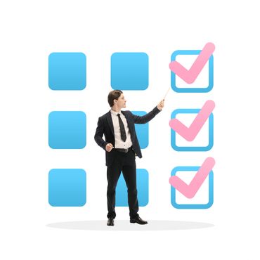 An illustration of a businessperson standing beside a large checklist with several checked boxes, re