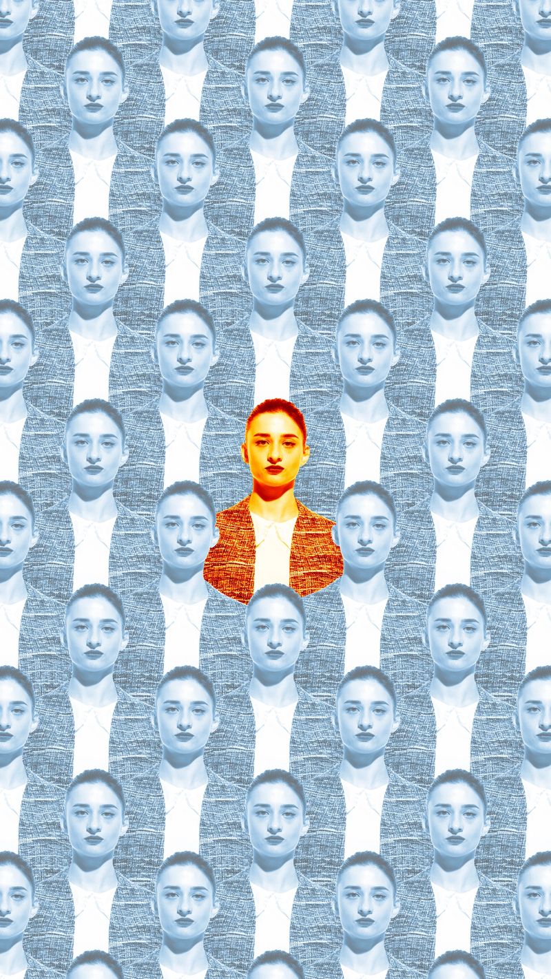 Businesswoman highlighted among group of identical figures, symbolizing individuality and uniqueness. Contemporary art. Concept of business, leadership, achievement. Collage made with one model
