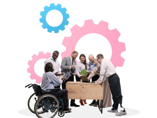 Diverse team collaborating around a table with gears in the background.