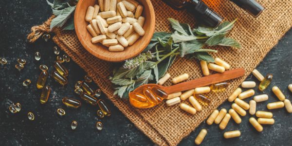 Herbal capsules and oil bottles arranged on a rustic burlap cloth with fresh herbs.