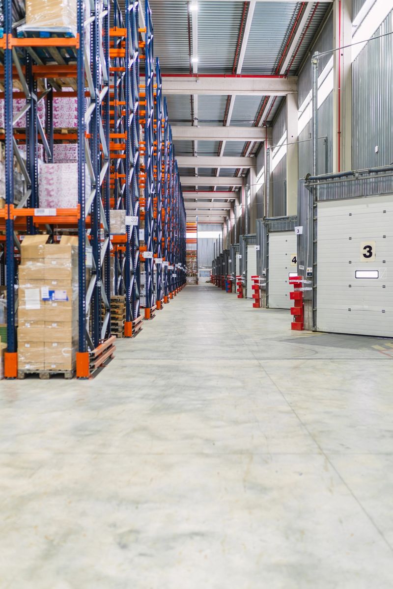 Busy warehouse with goods on shelves and packages loaded onto trucks. Spacious. Organized. And efficient interior with high ceilings and bright concrete floor. Hub of logistics and shipping activity
