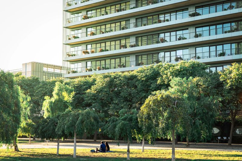 Green park in modern residential area. Sustainable transformation of the city