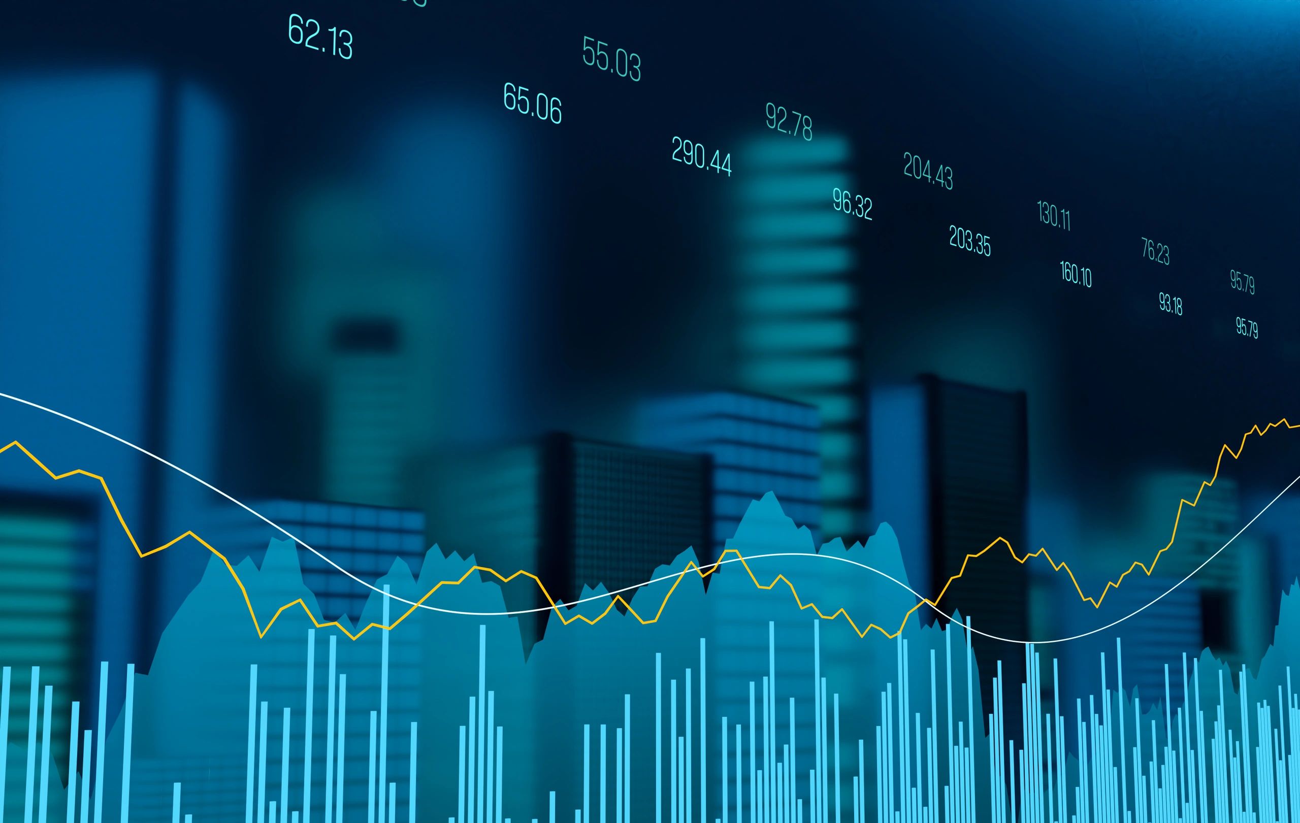 City skyline with financial data graphs and numbers overlay.