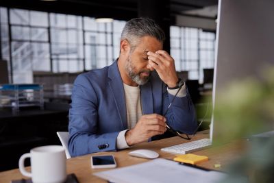 Tired man in blue blazer rubbing his eyes at the desk.