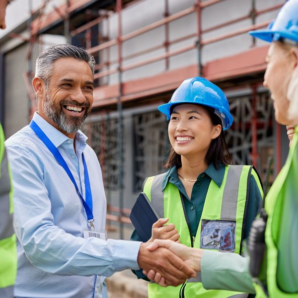 Construction professionals smiling and shaking hands at a building site.