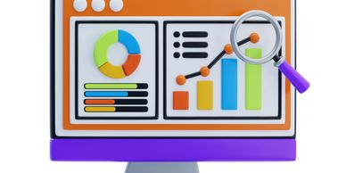 A computer screen showing colorful charts and a magnifying glass analyzing a bar graph.