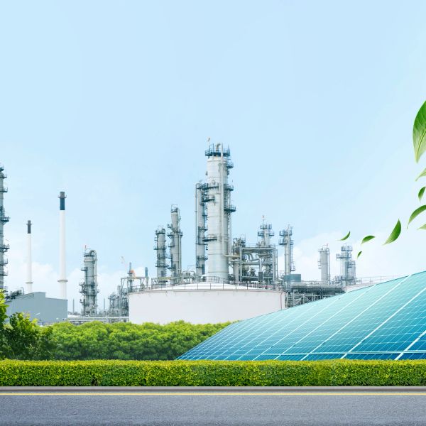 Solar panels with oil refinery in the background.