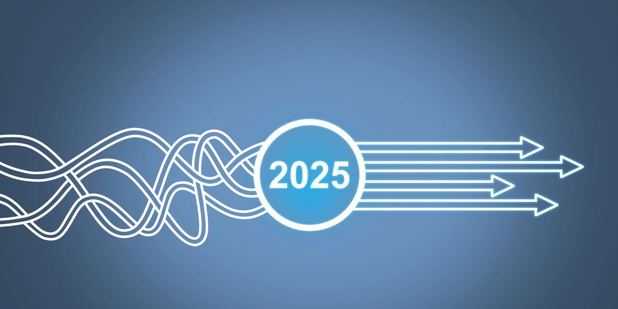 Illustration showing tangled lines converging into straight arrows pointing out from a 2025 circle.