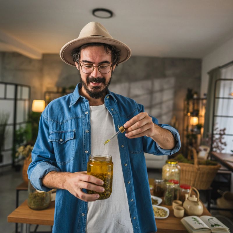 Portrait of adult man herbalist prepare homemade herbal oil on a wooden table surrounded by herbs, jars, and tins, showcasing a rustic and artisan lifestyle scene