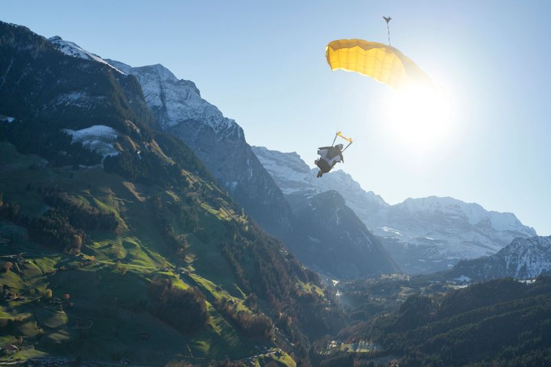 Paraglider soars over lush valley, Swiss Alps