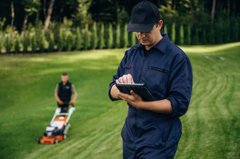 Digital tablet is in hands. Professional gardener is on the lawn.