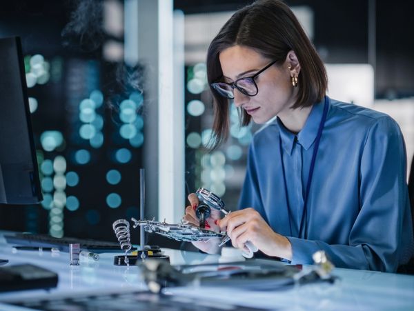 Person soldering components on a circuit board.