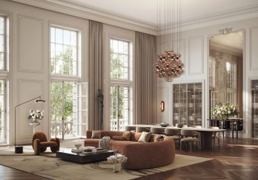 Elegant living room with brown and beige tones and a large mirror.