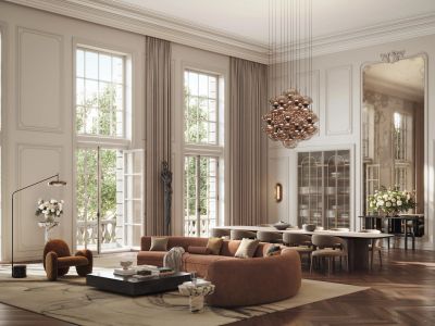 Elegant living room with large windows and brown furniture.