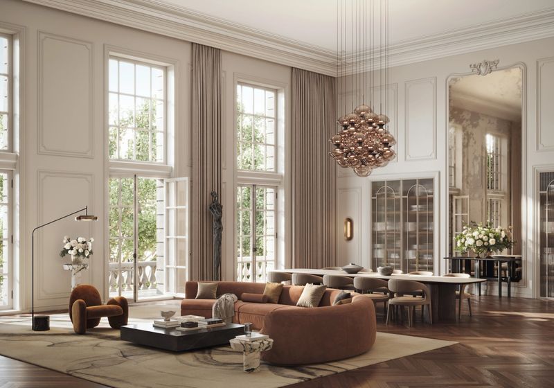 A digitally created modern living room with an open dining space, showcasing large windows and exquisite furniture arrangements.