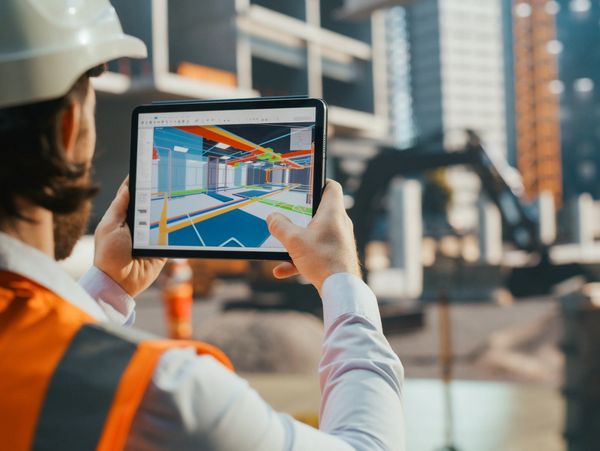 Engineer using a tablet to view a digital building model on construction site.