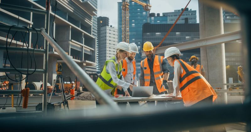 Female Civil Engineer Using a Laptop Computer and Talking with General Workers at a Residential Building Construction Area. Female and Male Employees Oversee the Real Estate Project Plan