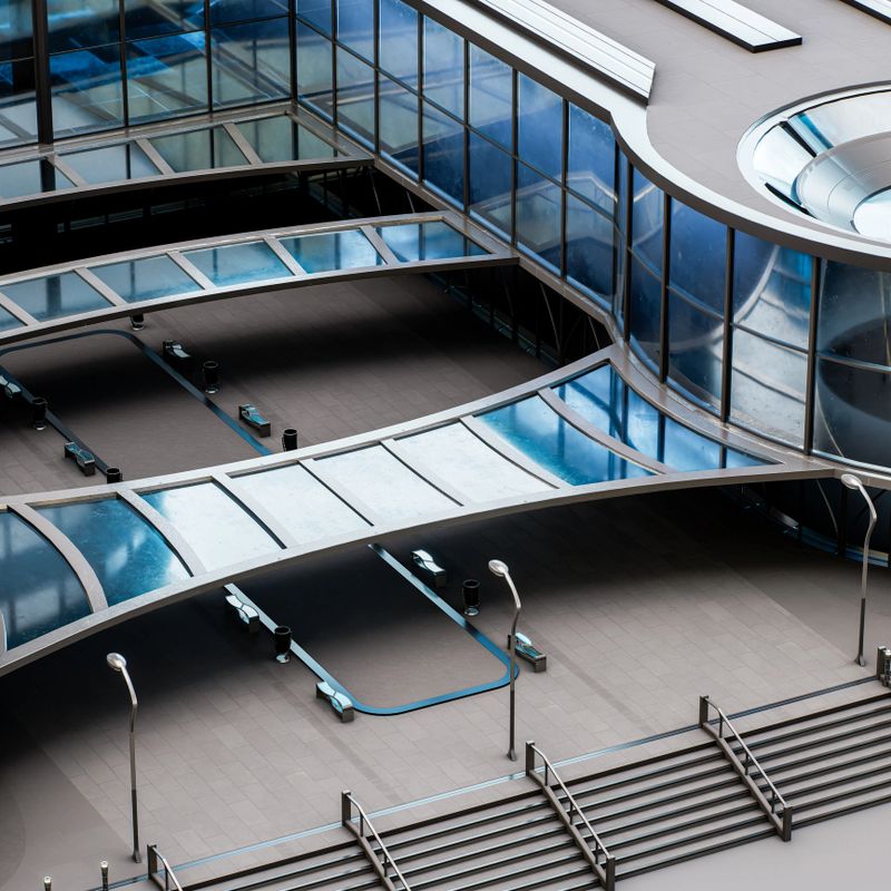 Detailed view of a futuristic commercial building entrance with glass canopies, sharp geometric forms, and sleek architectural style, showcasing modern design, 3D rendering