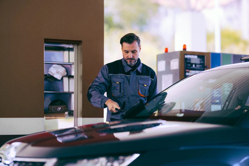 A mechanic in a workshop conducts a detailed examination of a car's windshield. The image captures attention to detail and professional service in the automotive industry.