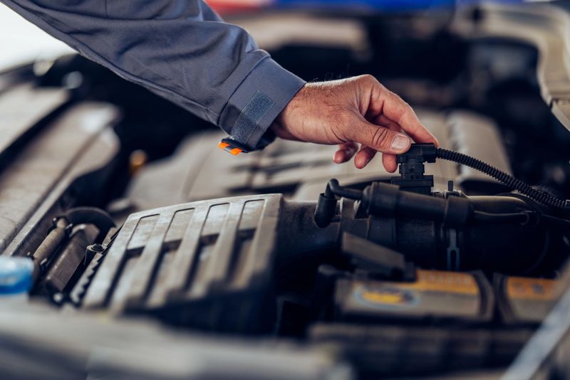 Close-up of a mechanic's hand inspecting a car engine, focusing on maintenance and repair work. The image highlights attention to detail and expertise in automotive service.