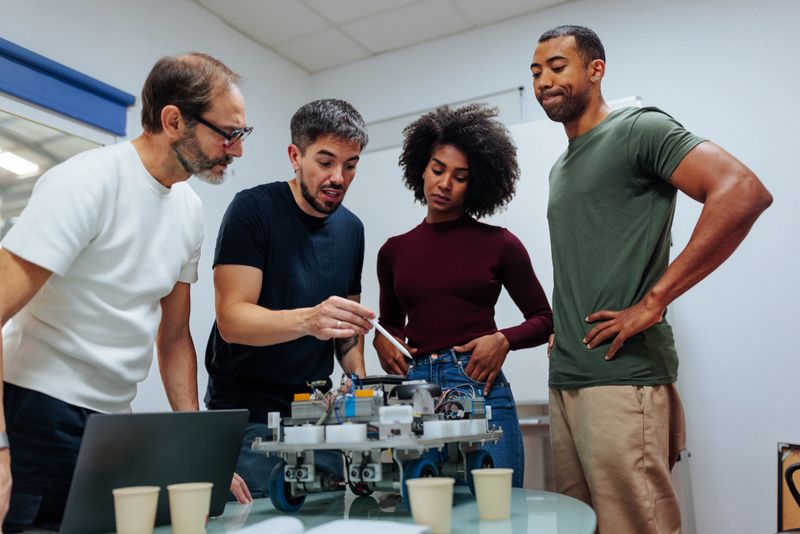 Engineering team examining a robot prototype, discussing its electric circuit and making improvements in a collaborative work environment