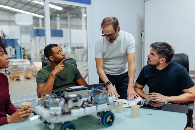 Engineering team working on a robotics project, analyzing blueprints and discussing strategies in a modern office environment