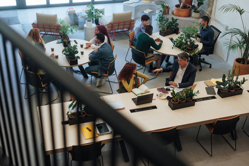 Business professionals working together in a light, airy, and plant-filled co-working space, fostering a productive and collaborative atmosphere