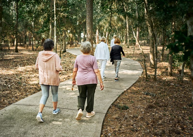 Rear view of a group of senior women enjoying a walk along a scenic park trail