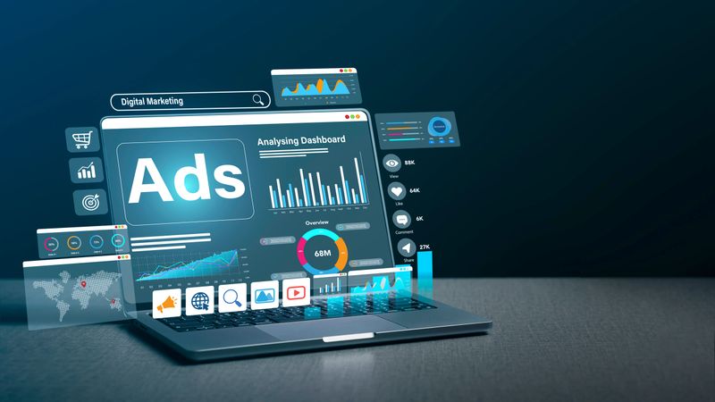 Digital marketing Dashboard on laptop computer to commerce online sale concept, strategy analysis online advertisement, ad on website and social media. Ads and seo concept