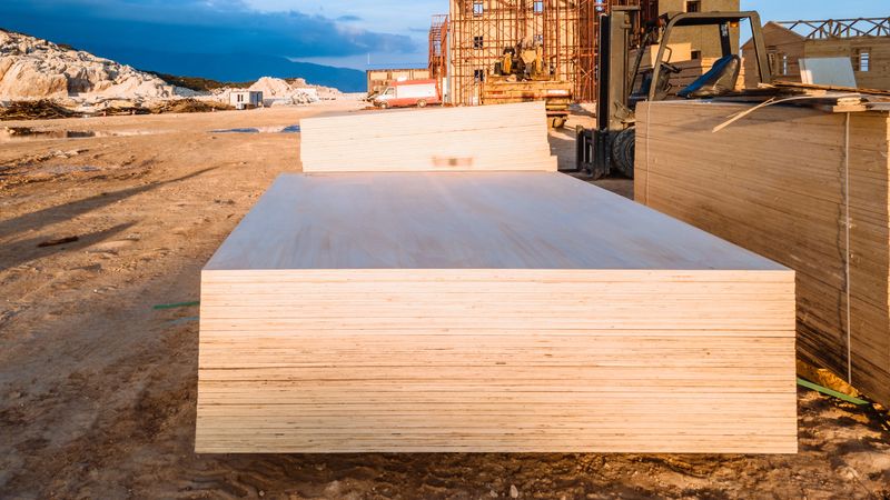 Neatly organized stacks of lumber and plywood at a construction site, glowing under golden hour light with a scenic sea view in the background. Partially constructed structures and a rugged terrain add a warm and industrious atmosphere to the scene