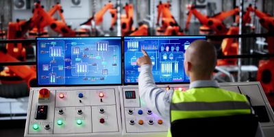 Operator controls robotic arms via computer screens in a factory.