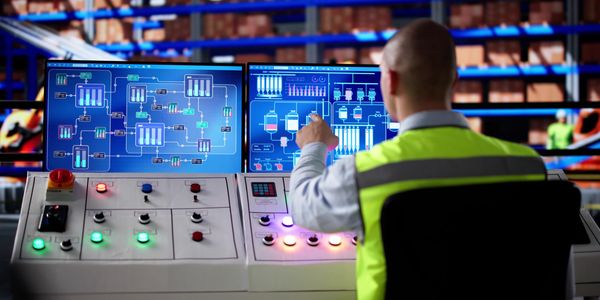 Operator monitors industrial control system with dual screens in a warehouse.