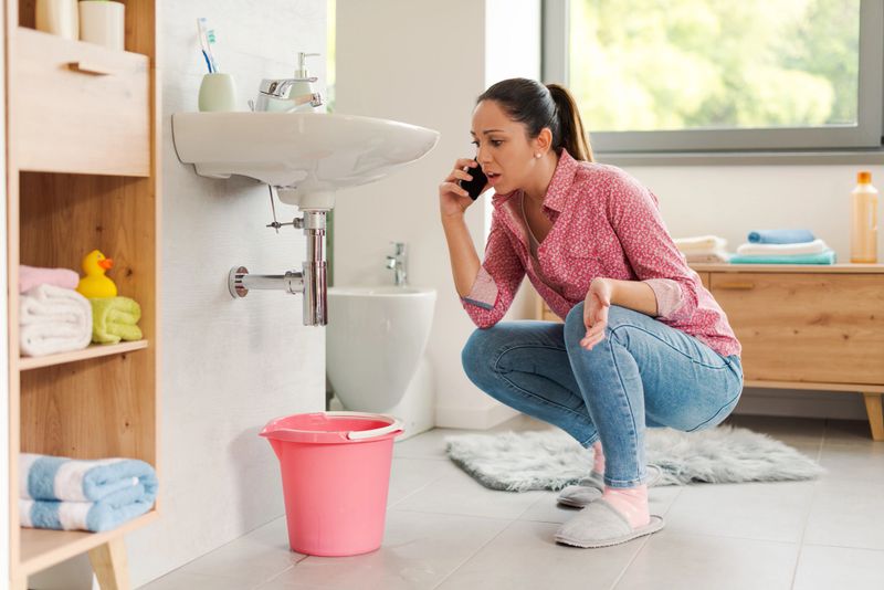 Woman calling a professional plumber at home using her smartphone, her bathroom sink is leaking