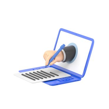 A hand emerges from a laptop screen, writing on a document.