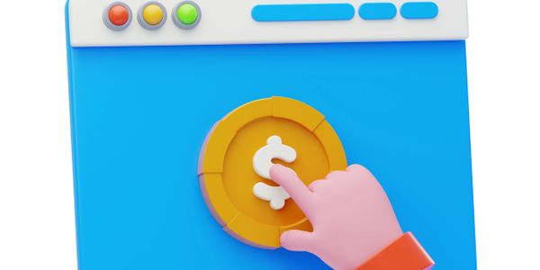 3D hand clicking on a dollar coin icon on a blue web browser window.