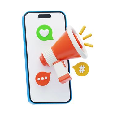 A megaphone emerging from a smartphone with social media icons.